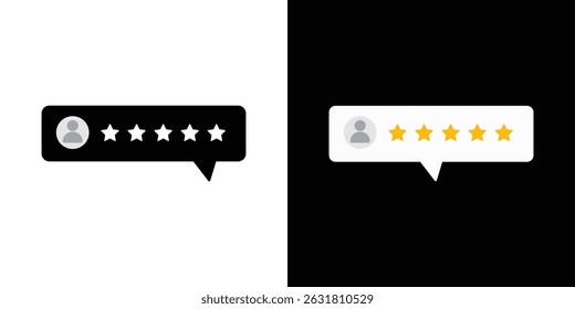 Five star rating displayed in a speech bubble. Five star rating. User comment, Feedback, Review, rate us concept.