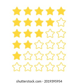 Five star rating. Feedback bar for customers opinion. Flat icon product review. Yellow line and colored stars, web site and application quality rating buttons, vector isolated set