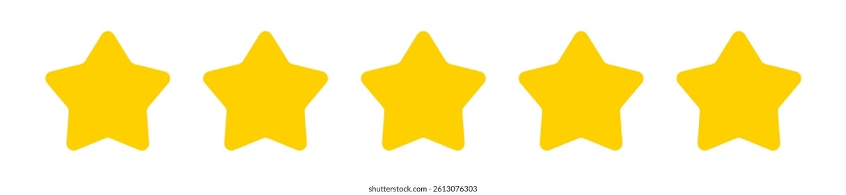 Five star rating. Feedback rating star icon, customer product review feedback icon set, 5 star rating sign, client feedback star gold on transparent background, vector illustration.