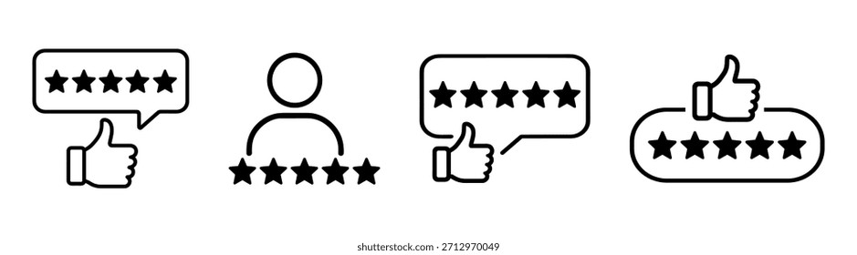 Cinco iconos de Comentarios de calificación de estrellas sobre fondo transparente