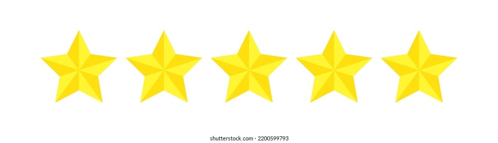 Five star rating, flat icon review for apps and websites. Yellow 5 star rank sticker isolated on a white background. For customer ratings or levels of food products, services, hotels, or restaurants.