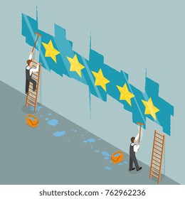 Five star rating flat isometric vector concept. Two workers are cleaning a glass wall and from under the dust layer is appearing the yellow file stars.