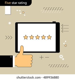 Five Star rating. Gesture of approval rating. Linear flat design