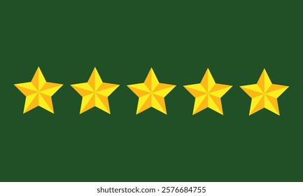 Five star rating golden yellow isolated green background, military badge