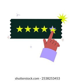 Five Star Rating With Hand Selecting Star In Flat Vector Illustration Symbolizing Quality Feedback, Satisfaction, And Evaluation, Isolated On White Background