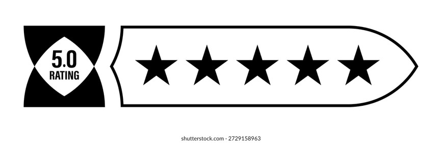 Ícone de classificação de cinco estrelas preto, 5.0 feedback do cliente, banner de revisão de qualidade