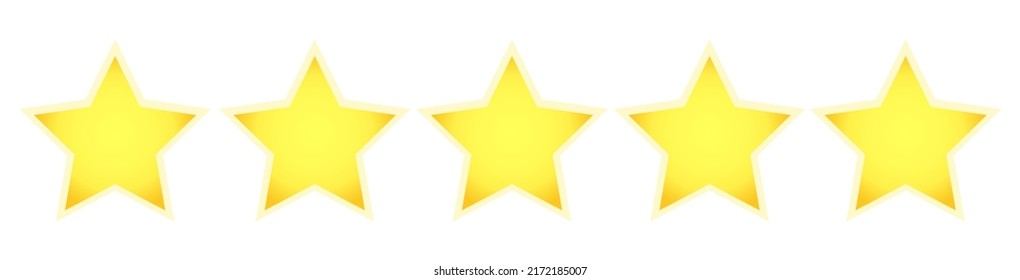 Five star rating icon. Feedback Golden stars with shadows isolated on white background.