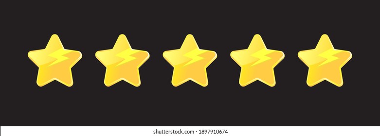 icono de clasificación de cinco estrellas aislado en fondo negro. clasificación del sistema de comentarios de clientes con banner horizontal de estrellas de dibujos animados. plantilla de diseño de página web de funky Rate us