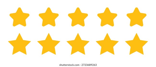 Icono de calificación de cinco estrellas con estrellas amarillas que representan la revisión, el Comentarios, la puntuación de calidad, la evaluación y el concepto de satisfacción del Cliente
