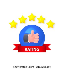 Five star rating icon with thumb up isolated on white background. Vector 3d illustration.