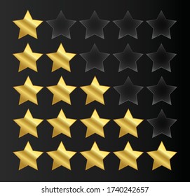 Five star rating icon vector illustration isolated on black gradient background.Set of  gold stars.