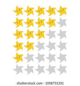 Five star rating icons. Evaluation of the hotel, service, product, quality. Results of the level or lifetime of the game for web applications. Simple flat isolated vector illustration.