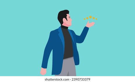 five star rating illustration, with the concept of a businessman who gets a five star rating in his hands, professional concept, five star rating positive feedback and high evaluation level concept