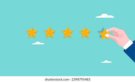 five star rating illustration with concept of hand puts a star to give five star rating, business people hand placing 5 stars rating flat with flat design style, hand of customer holding review stars