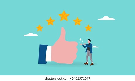five star rating illustration with concept of businessman standing next to big thumbs up and five star rating, business people placing 5 stars rating, client holding review stars concept illustration