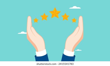 five star rating illustration, with the concept of a businessman who gets a five star rating in his hands, professional concept, five star rating positive feedback and high evaluation level 