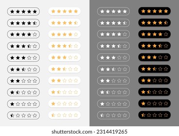 La clasificación de cinco estrellas está aislada en un fondo claro y oscuro. Diseño de plantillas de cliente de comentarios. Interfaz de velocidad de revisión de estrellas amarillas