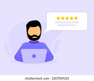 Valoración De Cinco Estrellas. Los hombres en el concepto de computadora. Comentarios de revisión en línea. Ilustración vectorial.