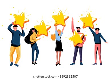 Five star rating positive feedback and high evaluation level. Happy satisfied people holding five gold star giving positive feedback and good review, supporting product or service vector illustration