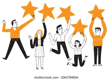 Five star rating positive feedback and high evaluation level. Happy satisfied people holding five gold star giving positive feedback and good review, supporting product or service vector illustration