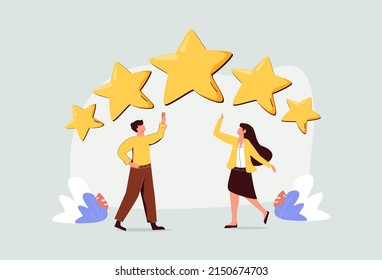 Five star rating positive feedback and high evaluation level. Happy satisfied people holding five gold star giving positive feedback and good review, supporting product or service vector illustration