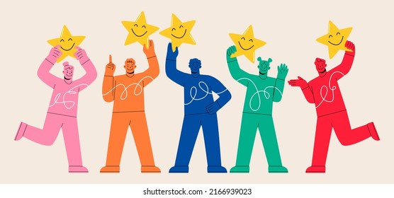 Realimentación positiva de cinco estrellas y alto nivel de evaluación. Gente feliz y satisfecha sosteniendo cinco estrellas de oro dando retroalimentación positiva y buena reseña, apoyando producto o servicio. Ilustración del vector