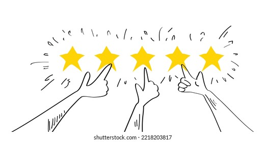 Five star rating positive feedback. doodle raise your hand. Hands of satisfied and happy people choose five gold stars that give positive feedback. hand drawn style. vector illustration