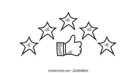 Realimentación positiva de cinco estrellas. los pulgares hacia arriba. Manos de personas satisfechas y felices eligen cinco estrellas de oro que dan una respuesta positiva. estilo dibujado a mano. ilustración vectorial