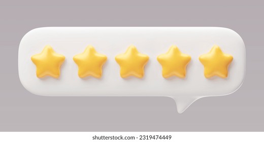 Five star rating, positive feedback 3d realistic style rendering. Customer review with five metallic golden stars in speech bubble. Service satisfaction, quality, good rate vector illustration