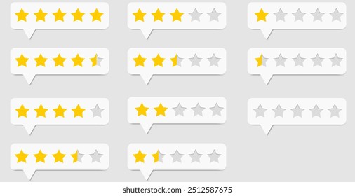 Calificación de cinco estrellas, Comentarios positivo estilo 3d. Revisión Cliente con cinco estrellas doradas metálicas en la burbuja del discurso. Satisfacción del servicio, calidad, buena Ilustración vectorial de tarifas. rating review flat icon