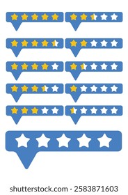Five star rating, positive feedback. Set of customer reviews collection with five metallic gold stars in speech bubbles. Service satisfaction, quality, good rates