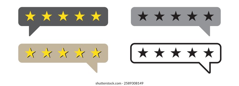 Five star rating, positive feedback 3d style. Customer review with five metallic golden stars in speech bubble. Service satisfaction, quality, good rate vector illustration. rating review flat icon