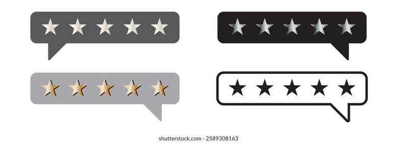 Five star rating, positive feedback 3d style. Customer review with five metallic golden stars in speech bubble. Service satisfaction, quality, good rate vector illustration. rating review flat icon