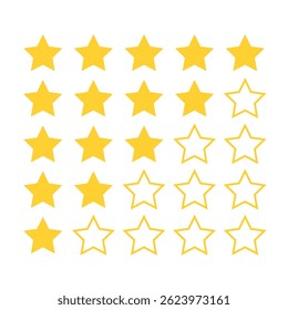 Five star rating, positive feedback icons. rating review flat icon. Customer review with five metallic golden stars. Service satisfaction, quality, good rate illustration star icon.