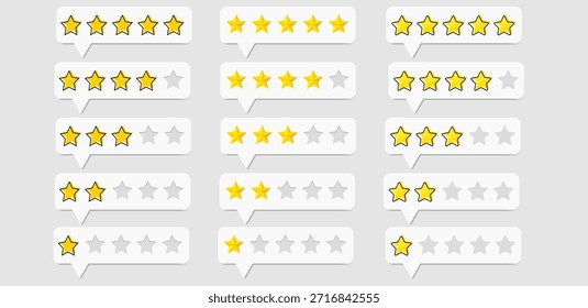 Calificación de cinco estrellas, Comentarios positivo estilo 3d. Revisión Cliente con cinco estrellas doradas metálicas en la burbuja del discurso. Satisfacción del servicio, calidad, buena Ilustración vectorial de tarifas. Icono de cinco estrellas Vector.