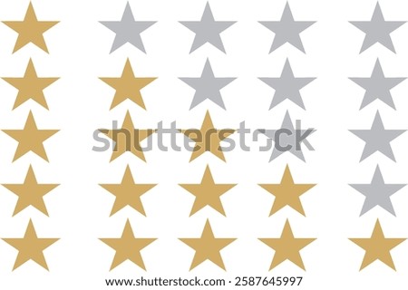 Five star rating, positive feedback stars. Customer review with five golden stars. Service satisfaction, quality, good rate, vector illustration. Editable vector, rating review, EPS 10.