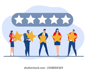 Five star rating positive feedback,people holding review stars customers rating client feedback satisfaction level concept,supporting product or service vector illustration