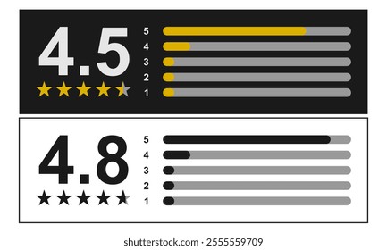 five star rating and review with number and bars. vector illustration isolated on white background.