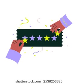 Five Star Rating Ribbon Held by Hands in Flat Vector Illustration Symbolizing Customer Satisfaction, Quality Rating, and Review System, Isolated on White Background