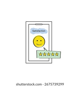Five star rating and satisfaction on mobile app with positive face emoji and feedback review