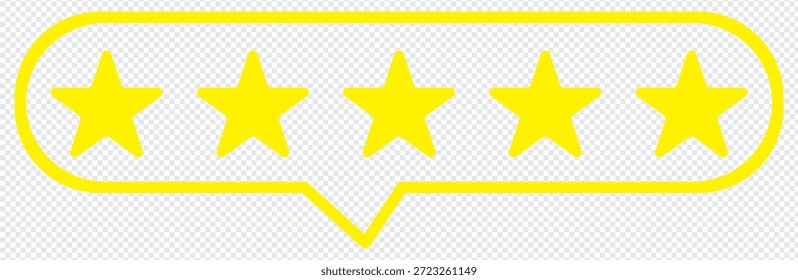  Calificación de cinco estrellas en una burbuja de discurso. fondo transparente. Ilustración vectorial de burbuja de discurso de dibujo de líneas. Vector simple amarillo.