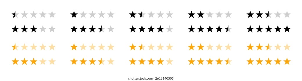 Five star rating system icons for customer review or product review icon. Rating stars vector icons. Five star review buttons.