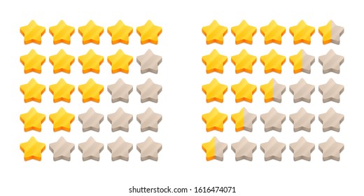 Five star rating system, UI or GUI template. Set of vector icons for game design, websites, apps or illustrations. Vector star rating badges. Marketing tool for feedback or сustomers review.