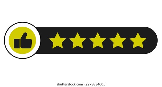 Five Star Rating with thumbs up icon. Rating stars badges customer positive feedback for quality service. Rate us speech bubble User Satisfaction Rating. Product Positive review of customer Survey.
