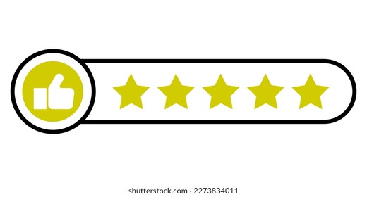 Five Star Rating with thumbs up icon. Rating stars badges customer positive feedback for quality service. Rate us speech bubble User Satisfaction Rating. Product Positive review of customer Survey.