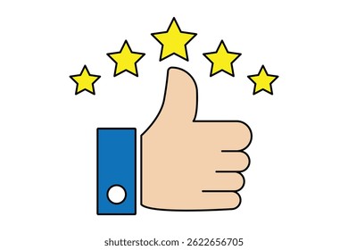 Five Star Rating with thumbs up icon. Rating stars badges customer positive feedback for quality service. Product Positive review of customer Survey. Like, thumb up and stars, Rating icon.