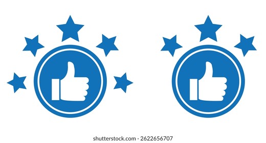Five Star Rating with thumbs up icon. Rating stars badges customer positive feedback for quality service. Product Positive review of customer Survey. Like, thumb up and stars, Rating icon.