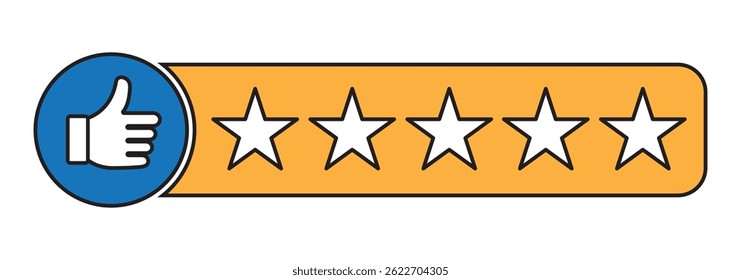 Five Star Rating with thumbs up icon. Rating stars badges customer positive feedback for quality service. Rate us speech bubble User Satisfaction Rating. Product Positive review of customer Survey.