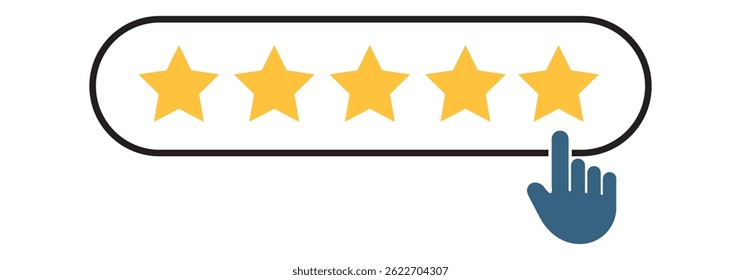 Five Star Rating with thumbs up icon. Rating stars badges customer positive feedback for quality service. Rate us speech bubble User Satisfaction Rating. Product Positive review of customer Survey.