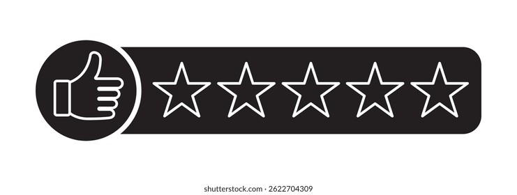 Five Star Rating with thumbs up icon. Rating stars badges customer positive feedback for quality service. Rate us speech bubble User Satisfaction Rating. Product Positive review of customer Survey.